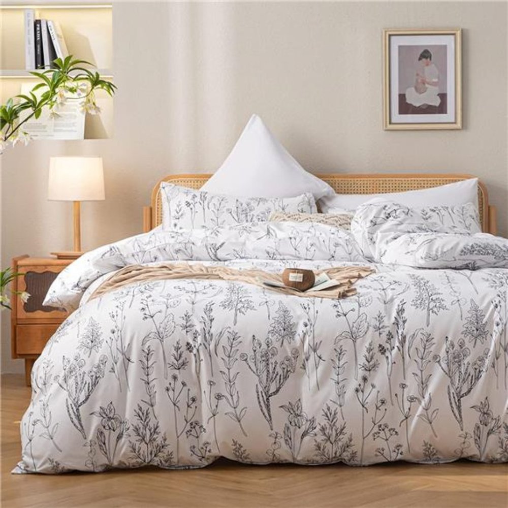 3PCS White Comforter Set, Soft Microfiber Bedding Plant Flowers Printed Queen